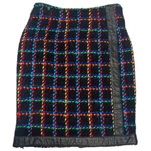 Vtg 90s  Erez Black Wool Neon Plaid Leather Trim Clueless Mini Skirt